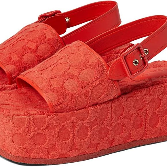 Coach Noelle Sandal In Signature Terry Cloth Red Orange Size 8.5 B NEW - Picture 2 of 12
